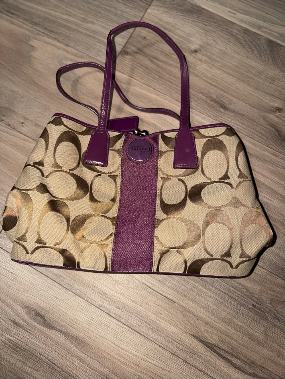 Coach Beige Signature Canvas Tote with Purple Leather Trim